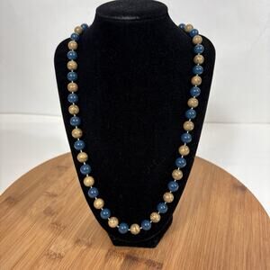 Blue and Tan Beaded Necklace 1980s Statement Vintage Jewelry Nautical Retro 23"